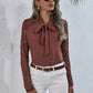 Tie Neck Spliced Lace Long Sleeve Top