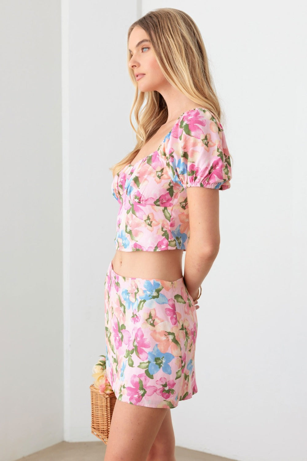 Floral Puff Sleeve Crop Top and Mini Skirt Set