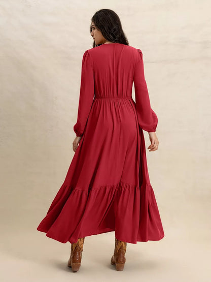 V-Neck Balloon Sleeve Ruffled Hem Maxi Dress