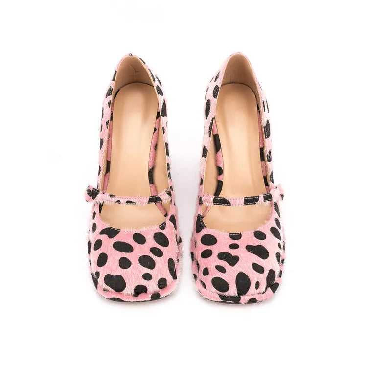 Leopard Square Toe Block Heel Shoes