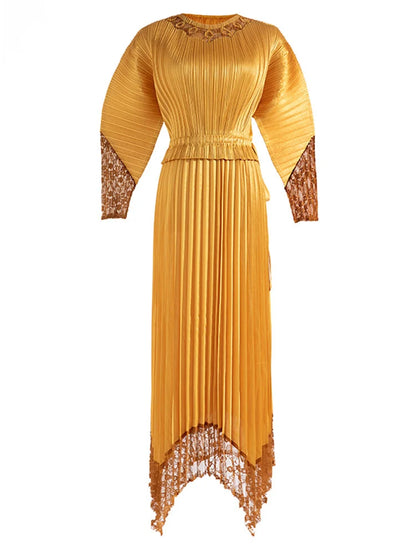 Miyake Pleated Lace Patchwork Midi Dress