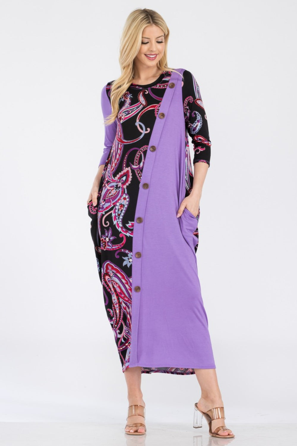 Paisley Contrast Midi Dress with Pockets