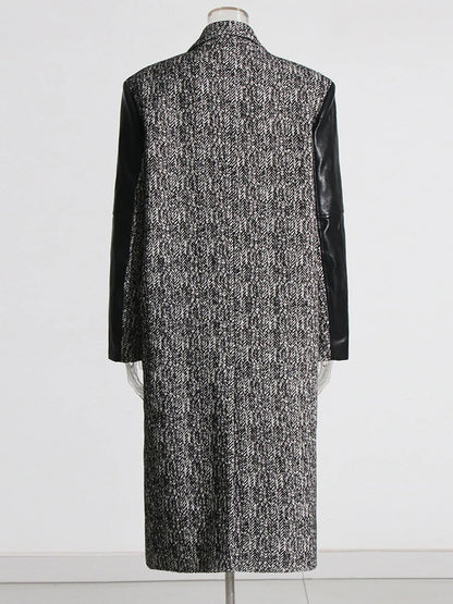 Contrast PU Leather Spliced Long Sleeve Coat