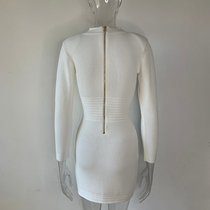 Gold Decorative Buttons Long Sleeve Mini Sweater Dress