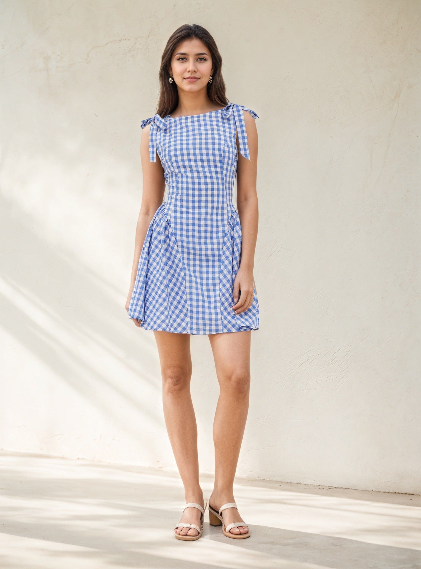 Checkered Tie Shoulder Mini Dress