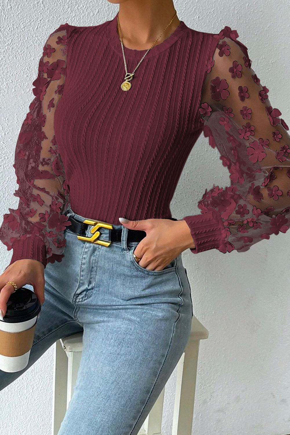 Textured Applique Long Sleeve Blouse