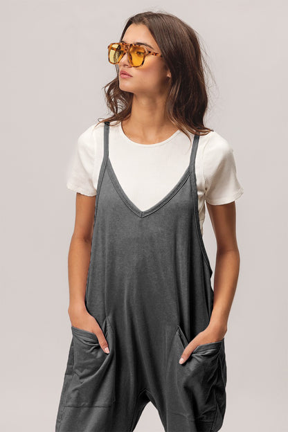 Washed Sleeveless Overalls with Front Pockets