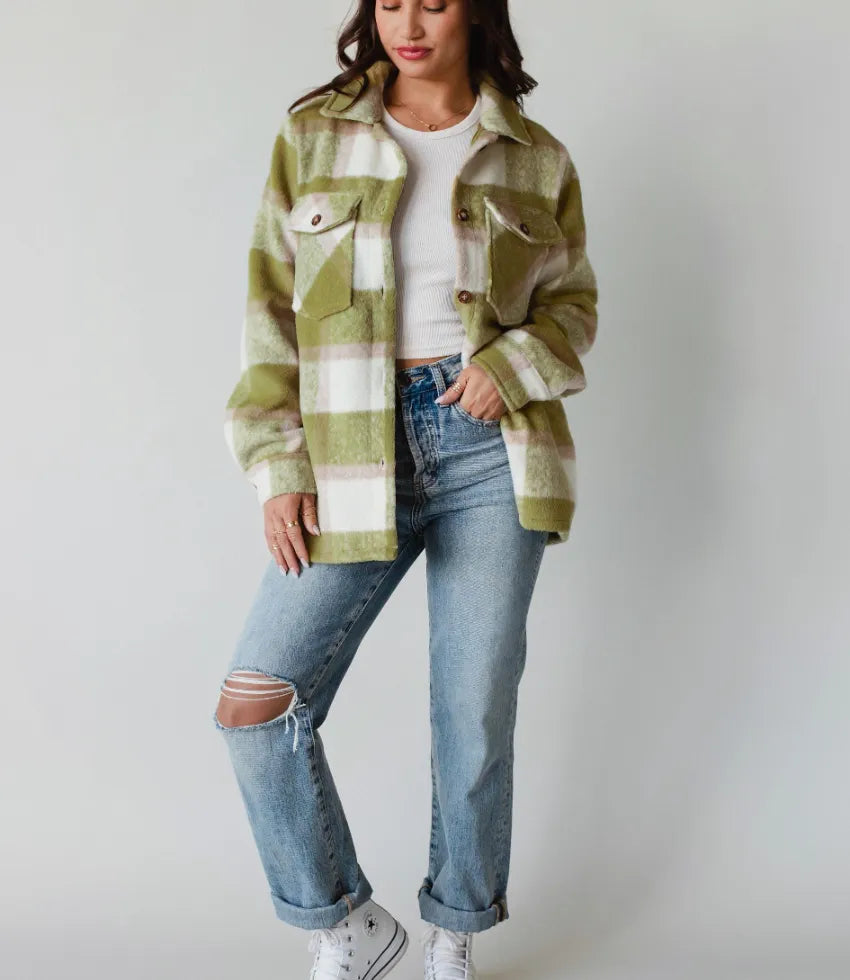 Pocketed Plaid Collared Neck Shacket