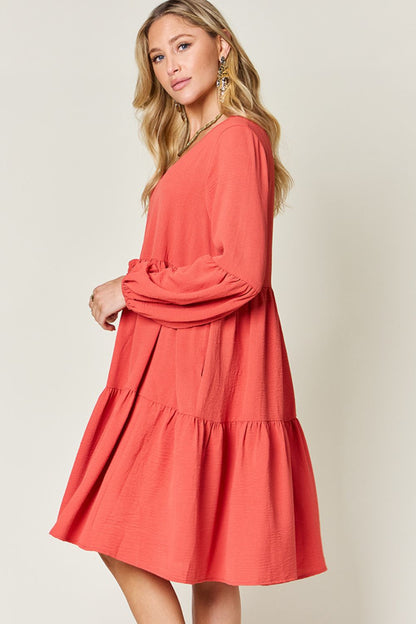 V-Neck Balloon Sleeve Tiered Dress