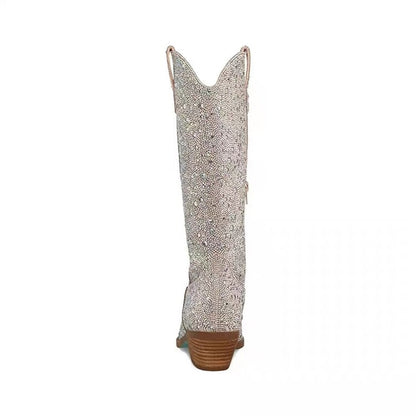 Rhinestone  Pointed Toe Mid-Calf Boots