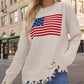 US Flag Distressed Round Neck Long Sleeve Sweater