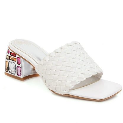 Rhinestones Braided Open Toe Chunky Heel Sandals