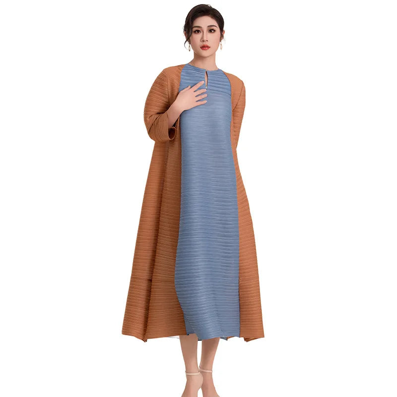 Miyake Pleated Contrast Splice Midi Dress
