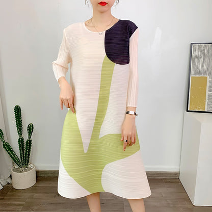 Miyake Pleated Printed Three-Quarter Sleeves Midi Dress