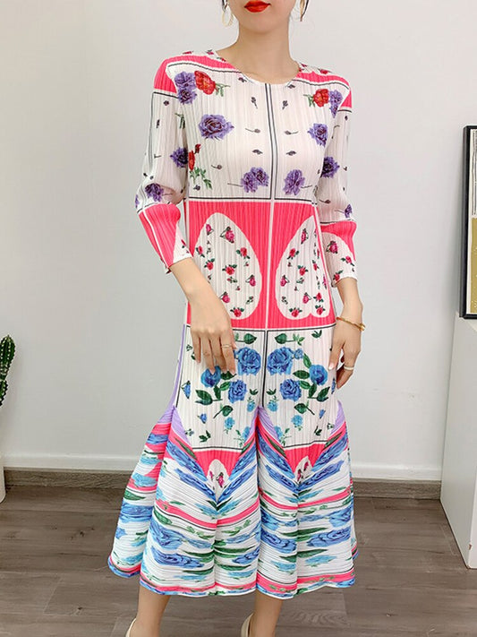 Miyake Pleated Printed Round Neck Long Sleeves Dress