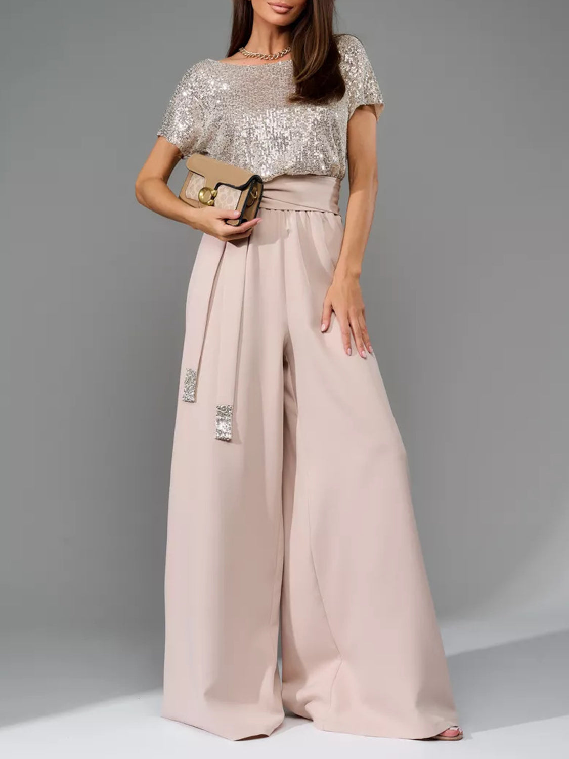 Sequin Round Neck Short Sleeve Wide Leg Jumpsuit