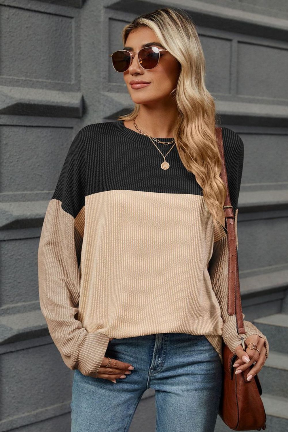 Contrast Round Neck Long Sleeve T-Shirt