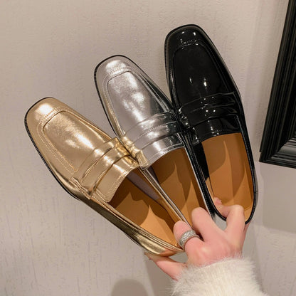 Glossy Square Toe Low Heel Loafers