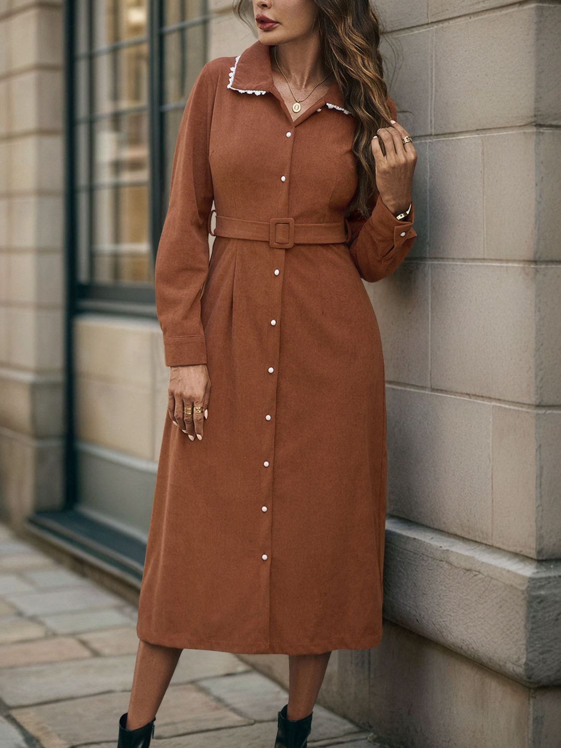 Lace Detail Collared Neck Long Sleeve Midi Dress