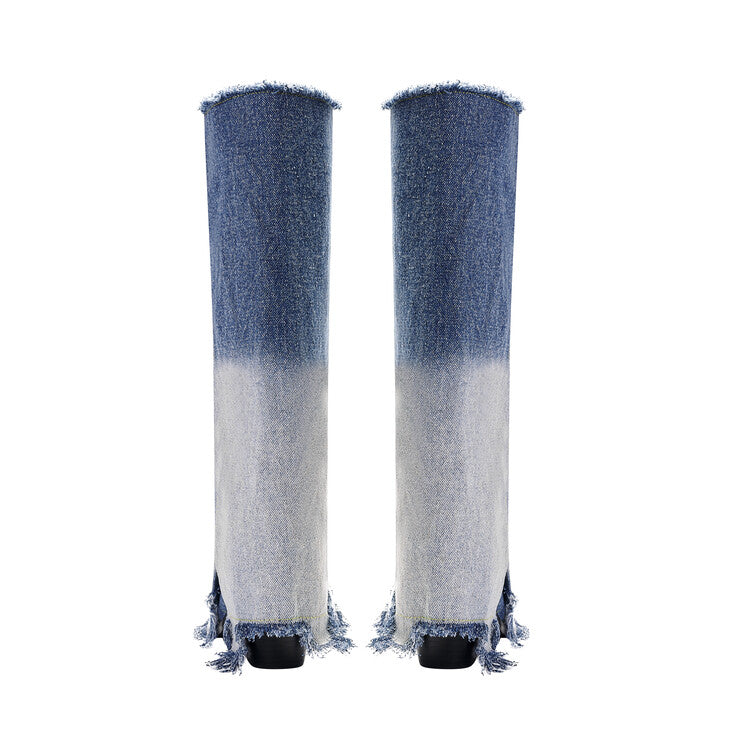 Gradient Pointed Toe Denim Knee High Boots
