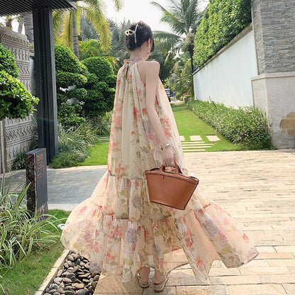 Floral Ruched Ruffled Sleeveless Maxi Dress