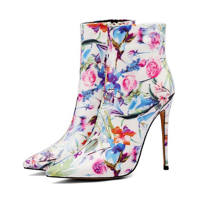 Floral Print Pointed Toe Ankle Boots