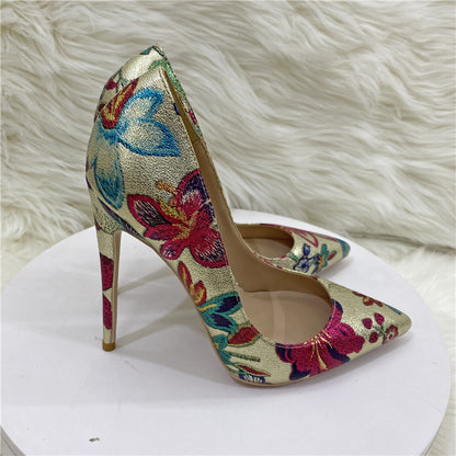 Gold Floral Pointed Toe Stiletto Pumps