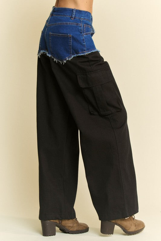 Denim Patchwork Wide Leg Pants with Cargo Pockets