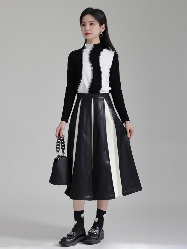 PU Color Block Pleated A-Line Skirt