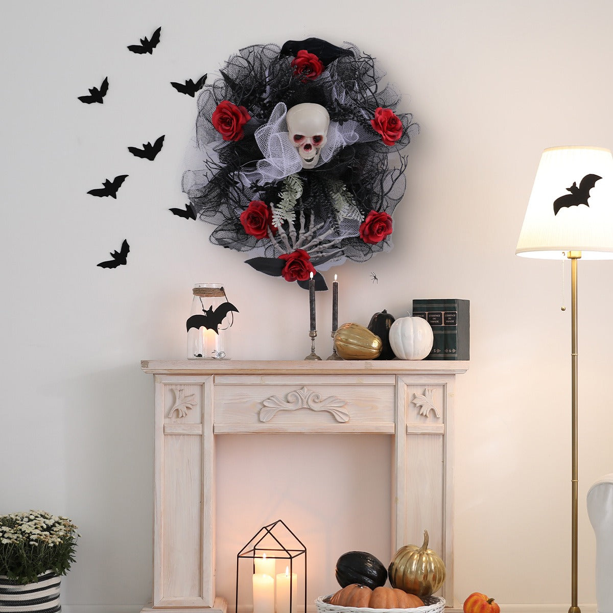 Halloween Red Rose Skull Mesh Door Wreath