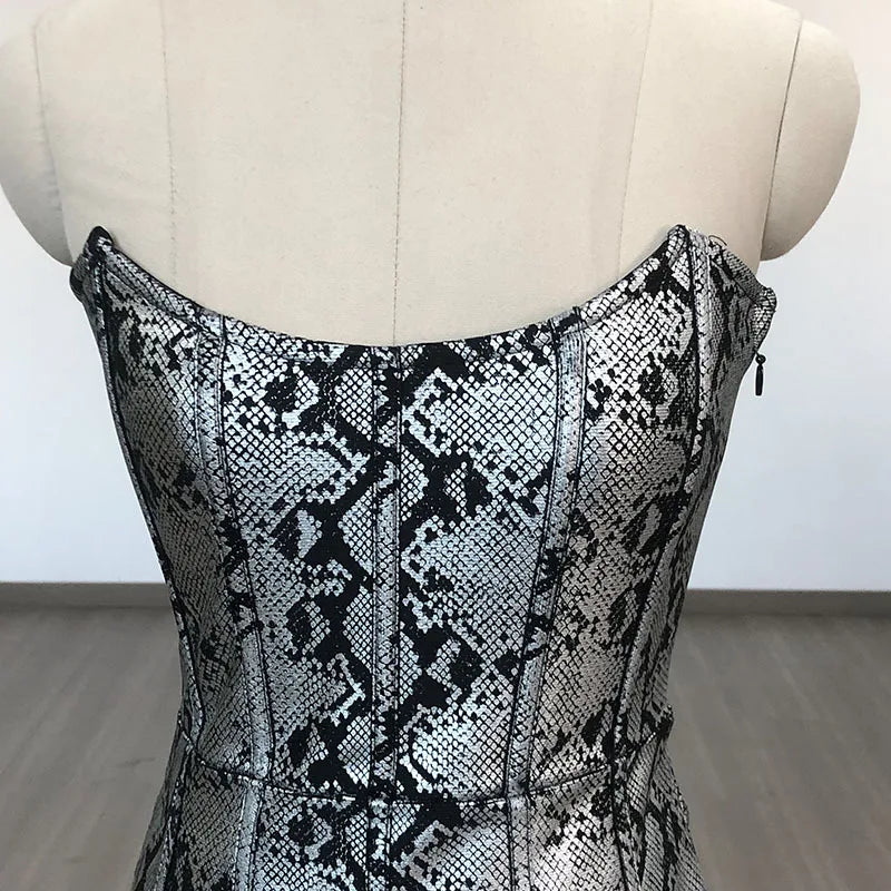 Snakeskin Print Strapless Bodycon Mini Dress