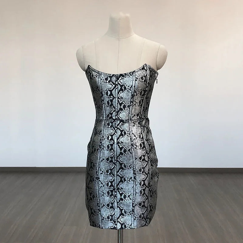 Snakeskin Print Strapless Bodycon Mini Dress
