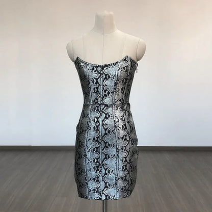 Snakeskin Print Strapless Bodycon Mini Dress