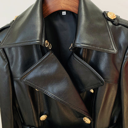 Luxury PU Leather Double Breasted Trench Coat with Belt