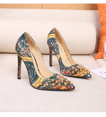 Bridesmaid Wedding Shoes New Shallow Mouth High Heels Plus Size Rhinestone Stiletto Rivets Women's Shoes