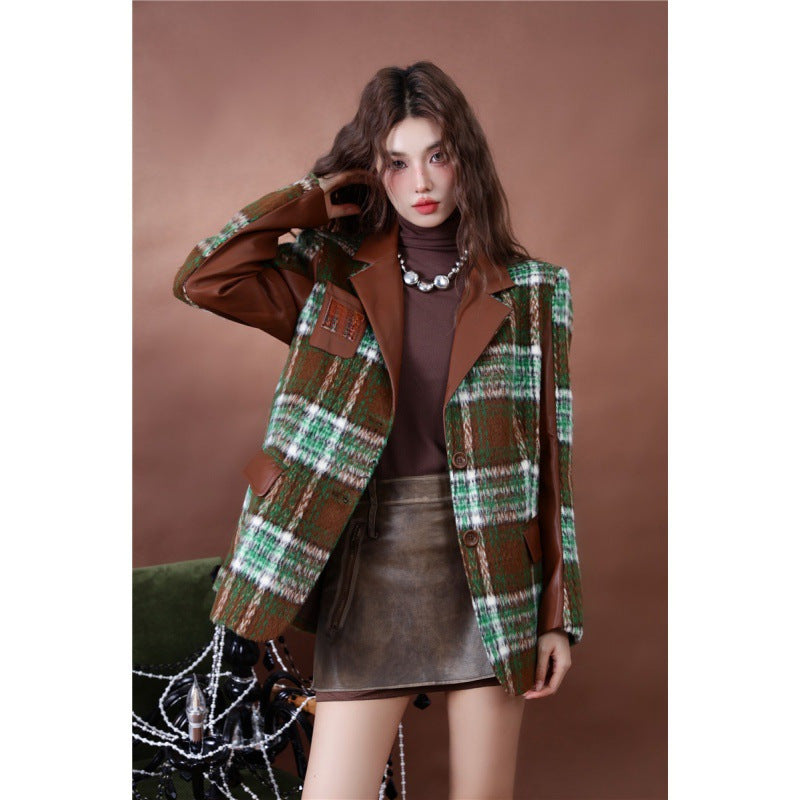 Plaid Patchwork Single-Breasted Parka Coat