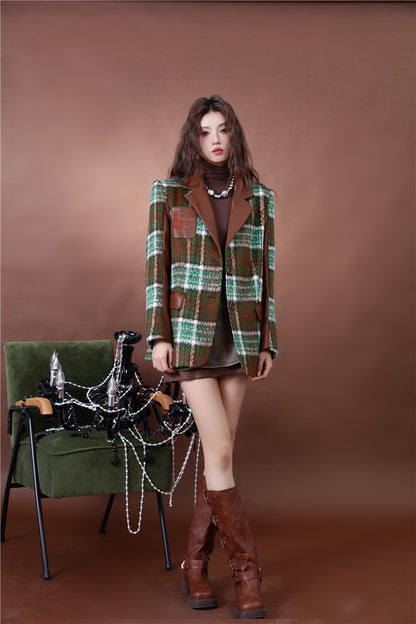 Plaid Patchwork Single-Breasted Parka Coat