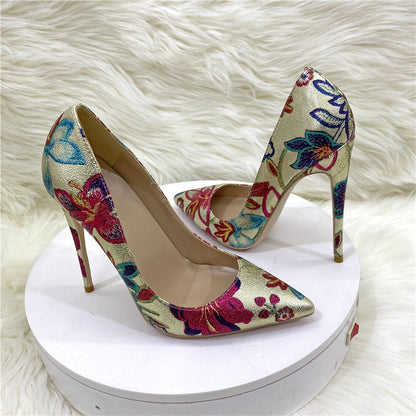 Gold Floral Pointed Toe Stiletto Pumps