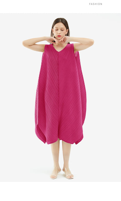 Miyake Pleated Irregular Hem Sleeveless Midi Dress