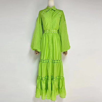 Embroidery Lantern Sleeve Openwork Maxi Dress