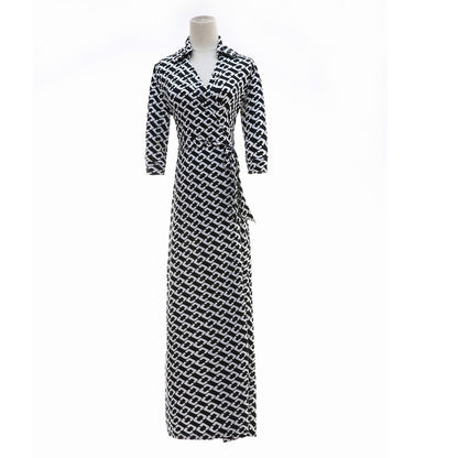 Chain Print Collared Neck Maxi Dress