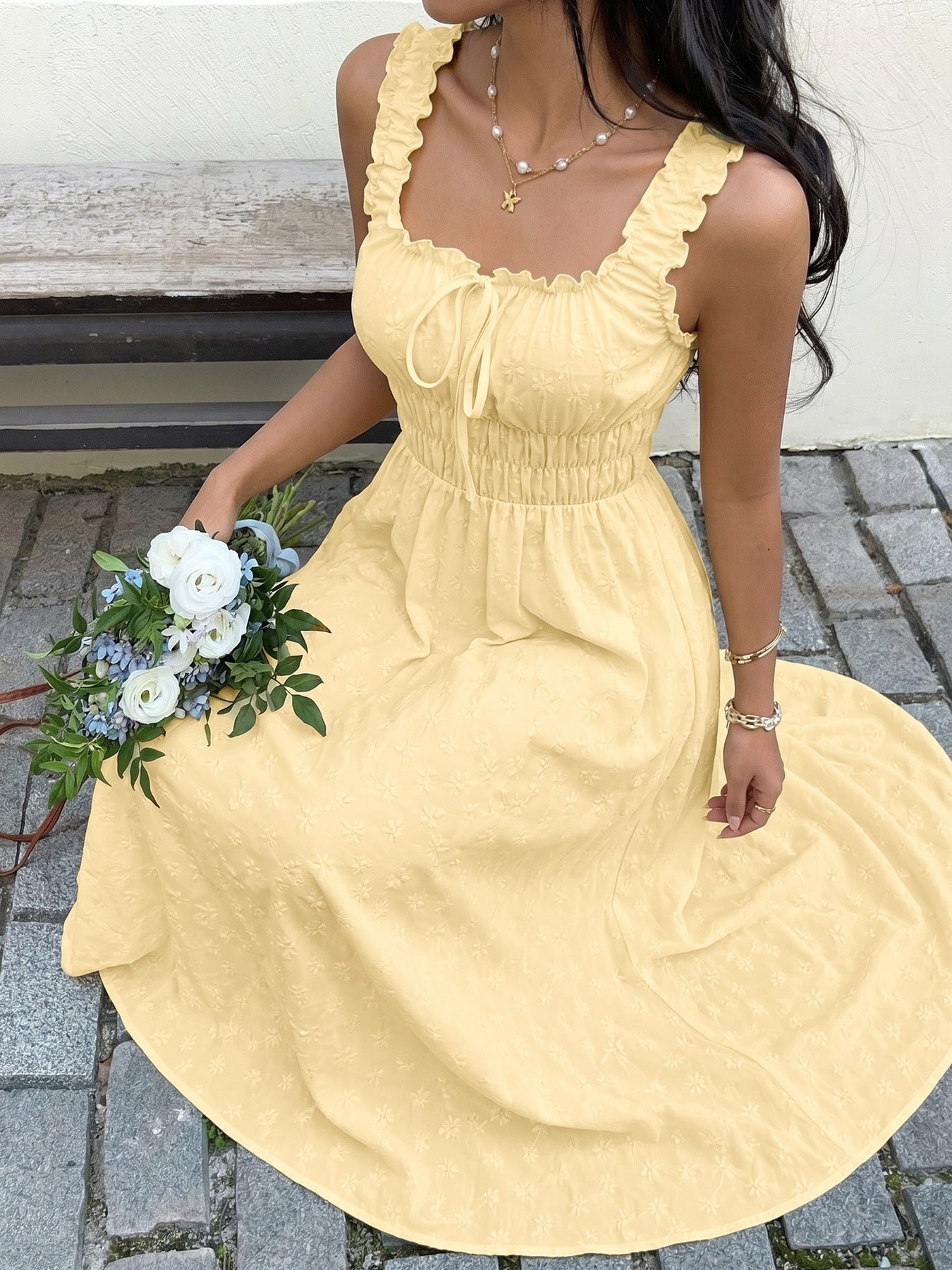 Floral Embossed Smocked Sleeveless Maxi Dress