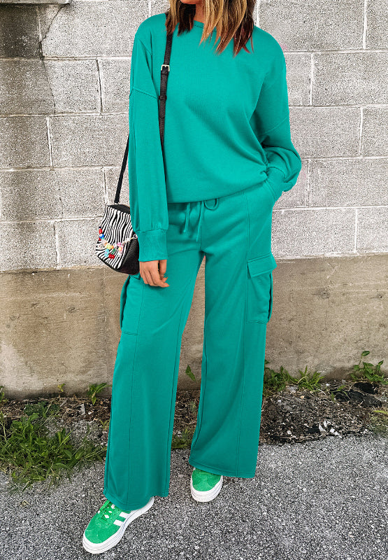 Round Neck Long Sleeve Top and Drawstring Pants Set