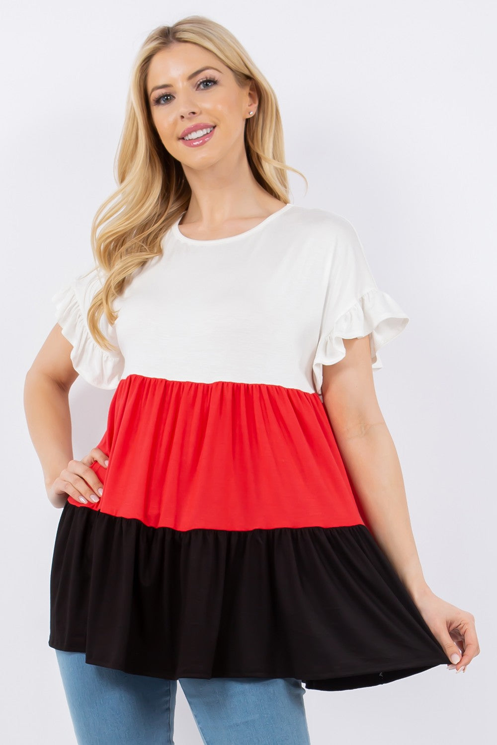 Color Block Ruffled Short Sleeve Top