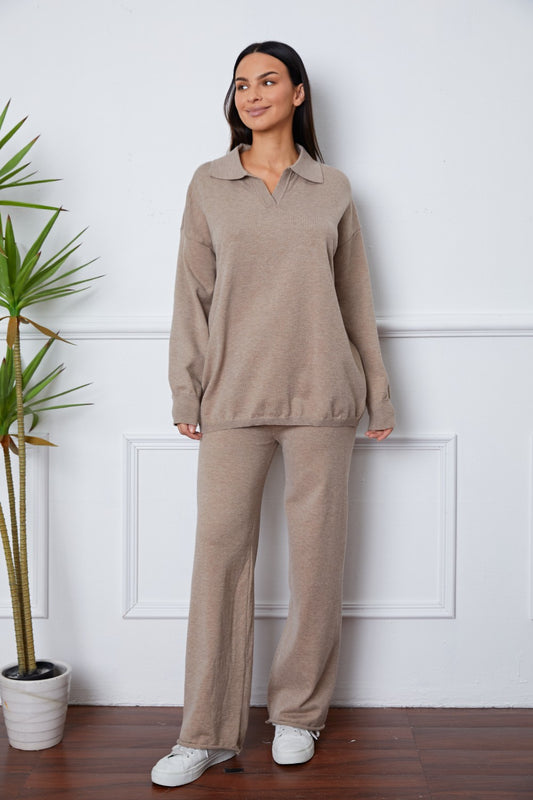 Dropped Shoulder Sweater and Long Pants Set