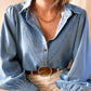 Collared Neck Lantern Sleeve Denim Top