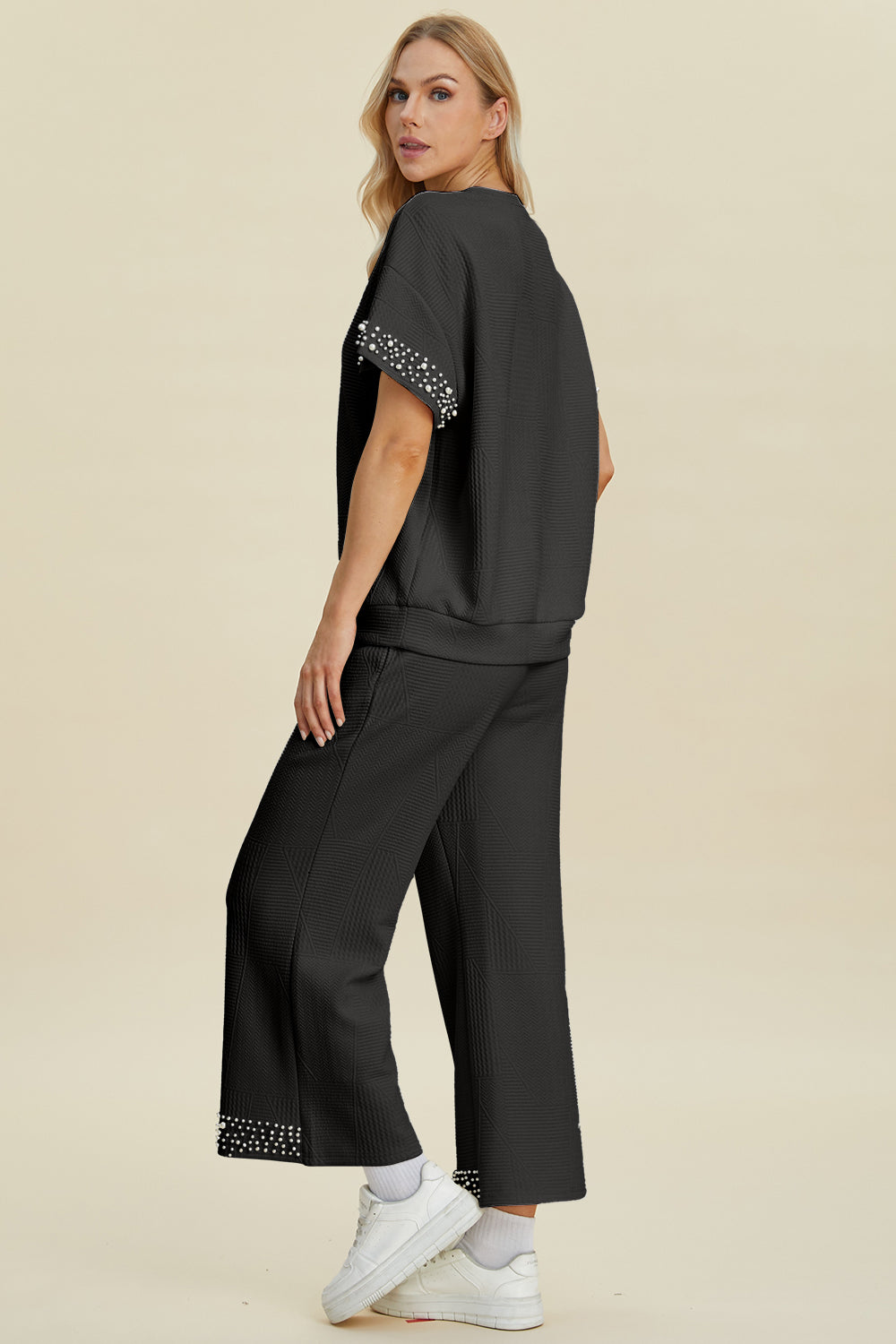 Pearl Detail Round Neck Top and Pants Set