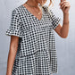 Plaid V-Neck Short Sleeve Blouse