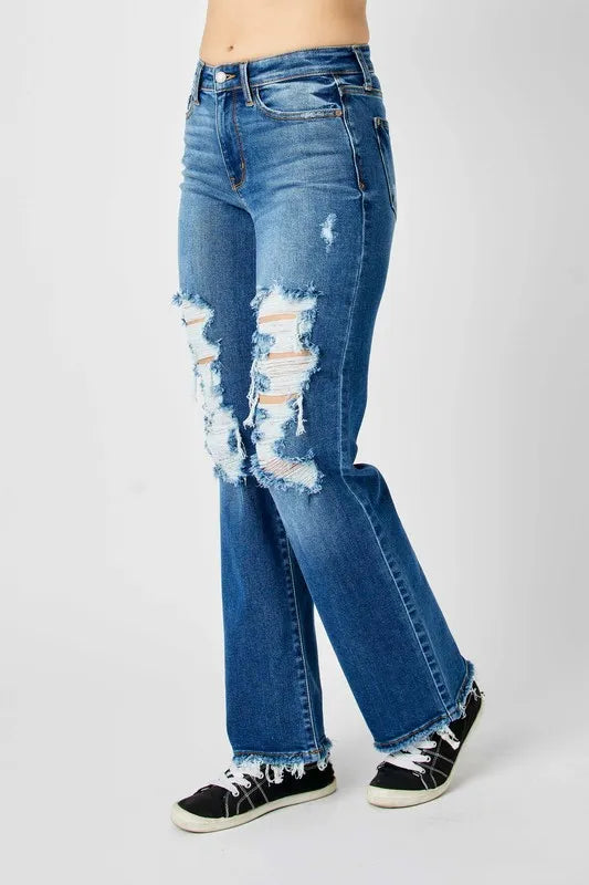 Judy Blue Mid Rise Distressed Raw Hem Jeans