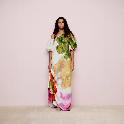 Floral Asymmetrical Neck Balloon Sleeve Maxi Dress